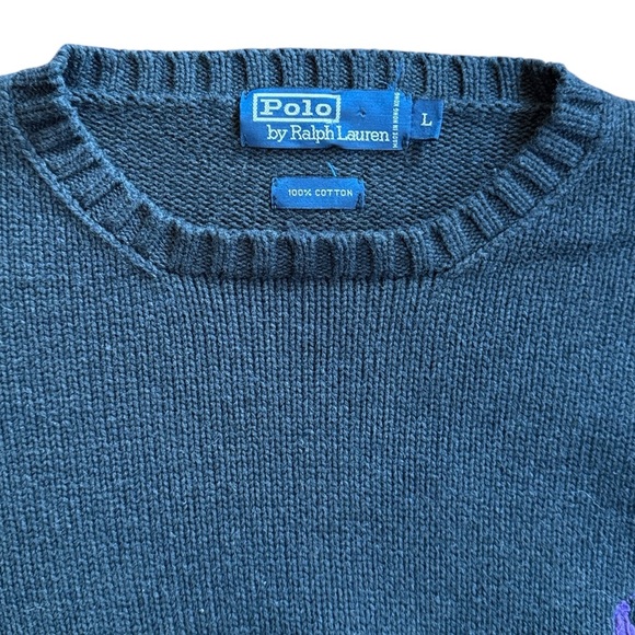 VTG 80s/90s Polo Ralph Lauren Cotton Crewneck Sweater Navy Blue Hong Kong Largea - Picture 3 of 11